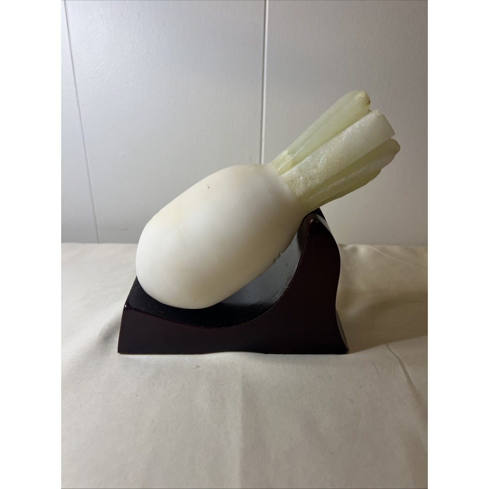 Vintage Chinese Hand Carved Jade Marble Radish Sculpture with Wood Stand